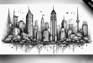 City with tall building leg sleeve tattoo idea