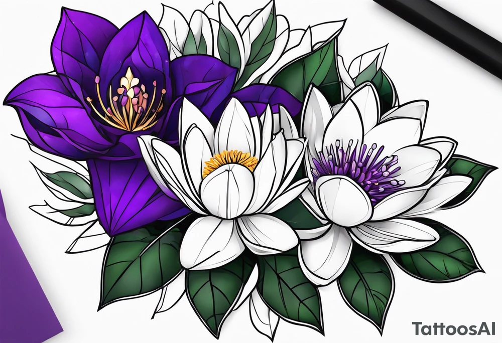 flower bouquet with 1 violet, 1 water lilly, and 1 holly tattoo idea