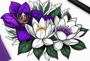 flower bouquet with 1 violet, 1 water lilly, and 1 holly tattoo idea