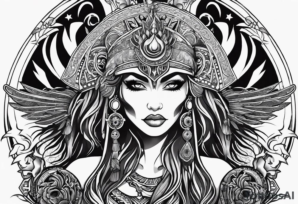 black kali, goddess pirate, alien, pachamama, valkrye, warrior, skull, lotus azul, wing, eagle, zenza resonance, stars, 5D tattoo idea