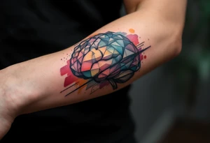 Arm, vertical tattoo inspired in the creativity of a gifted brain, with watercolor details tattoo idea