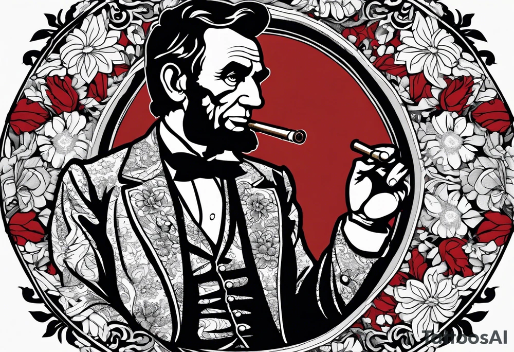 Abraham Lincoln smoking a cigar  in a flowered suit jacket doing karate poses like karate kid tattoo idea