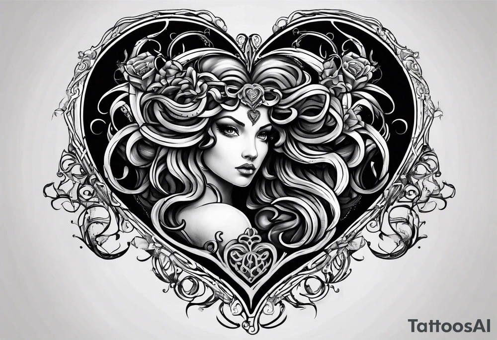 Gothic Medusa inside of a heart blackwork tattoo idea
