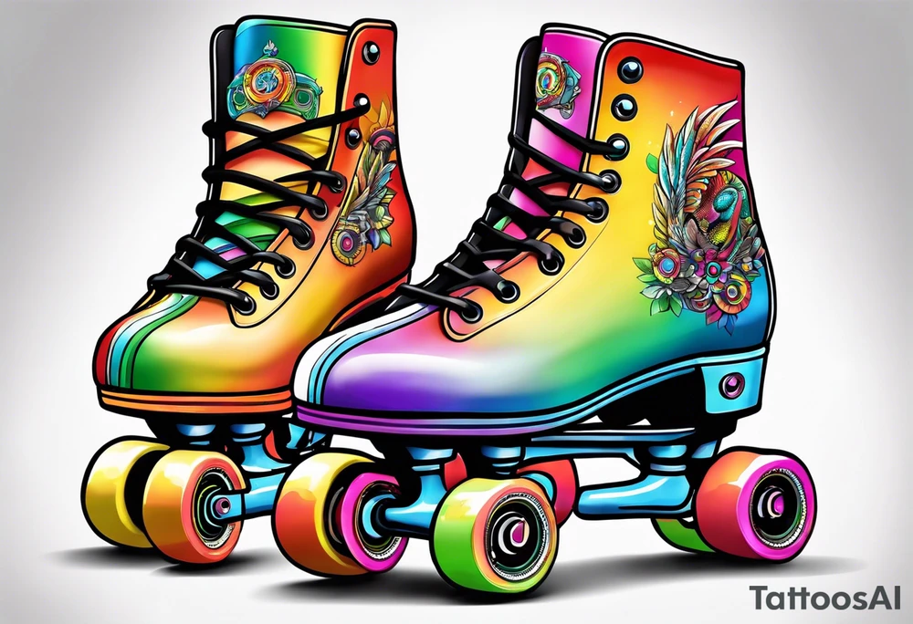 roller skates with rainbow wheels tattoo idea
