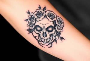 ornate skull adorned with crown of wild roses and thorns tattoo idea