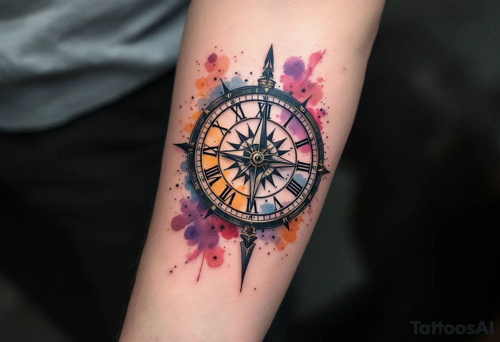 steampunk half compass half clock with a full length arrow pointing at my wrist and saying "Isaiah 40:31" tattoo idea