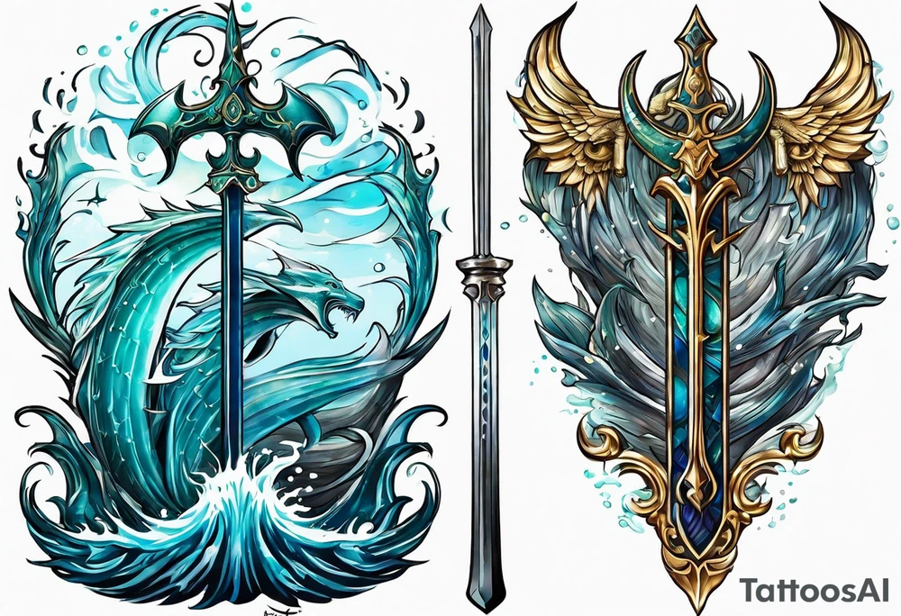 Poseidon’s Trident with Atlantis backdrop tattoo idea