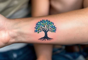 Father and kid share a vibrant blue and green tree of life tattoo representing growth and connection. tattoo idea