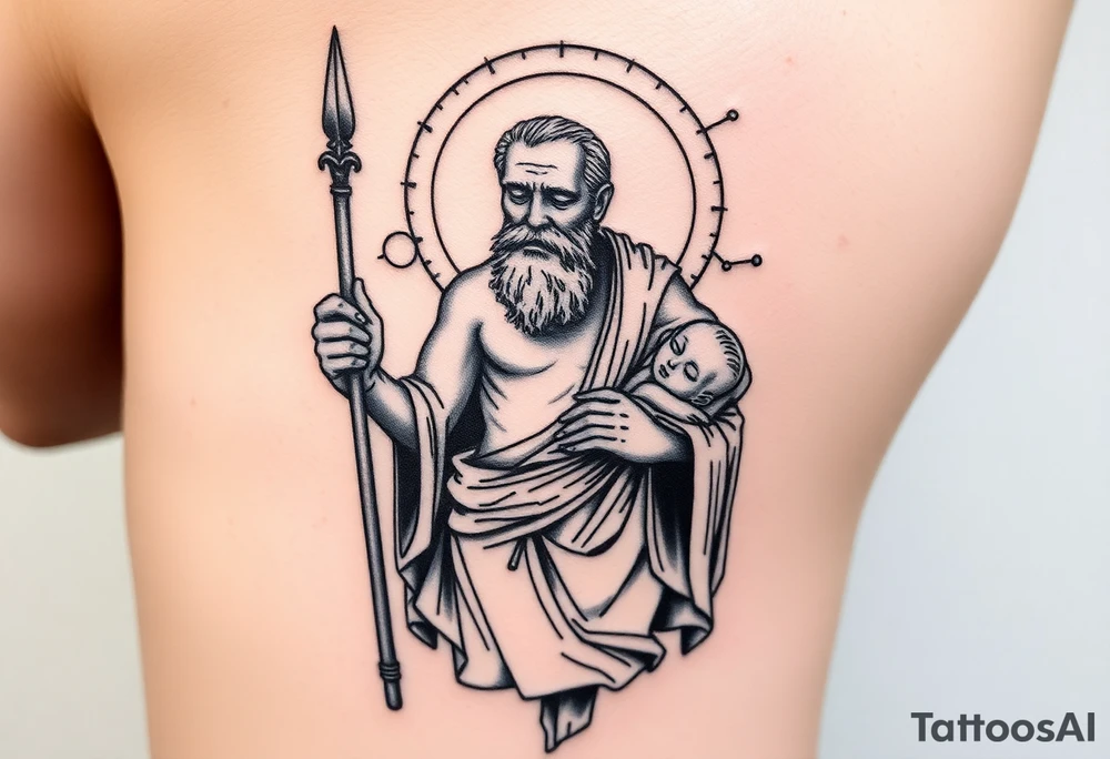 a tattoo design of the Greek God Saturn but older and nearly dying holding his spear, in his other arms cradling a twin dying younger version of himself. The gemini constellation is in the background behind the Saturn Gods. Long vertical form as this will be on a thigh - Incorperate the saturn astrology symbol tattoo idea