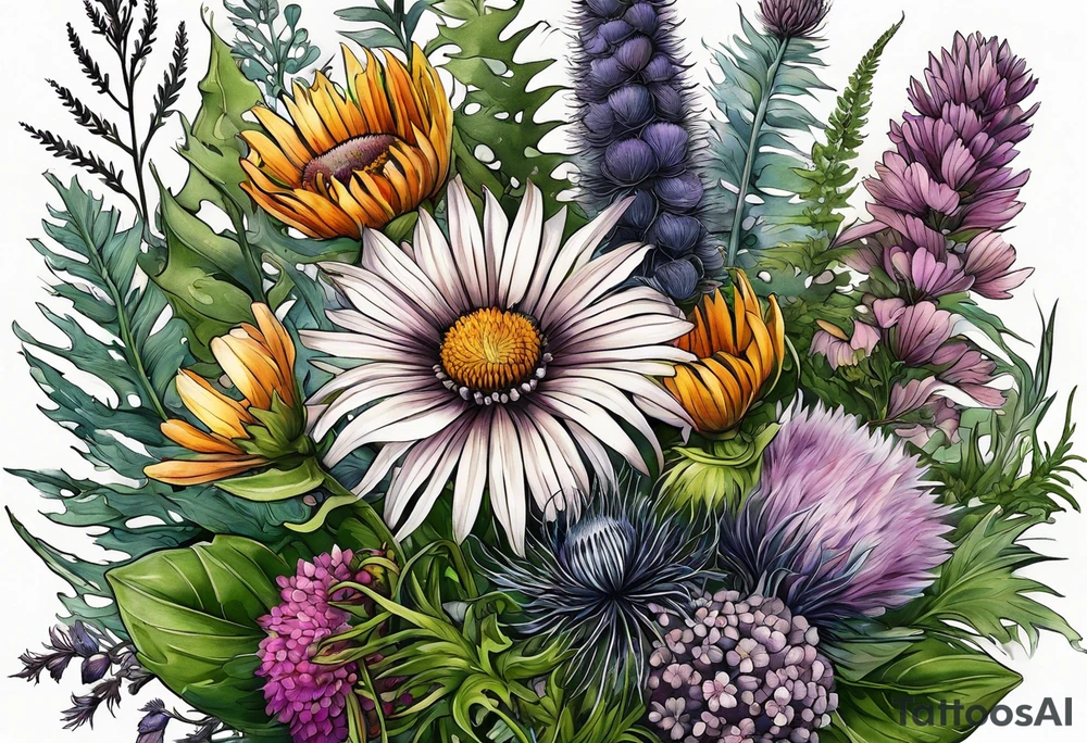 spread out mixed wildflower bouquet with ferns, thistle and with color tattoo idea
