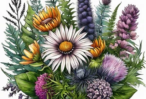 spread out mixed wildflower bouquet with ferns, thistle and with color tattoo idea