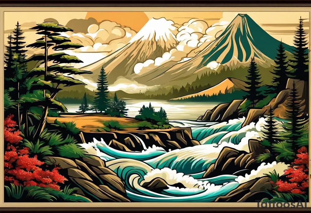A large landscape tattoo that starts with a volcano with smoke coming out, then the mountain becomes a mountain range that has pine trees and a river, then as you move to the right, the river blends into an ocean with small waves at the beach and palm trees, then the waves turn into larger waves with clouds and the sun on top tattoo idea