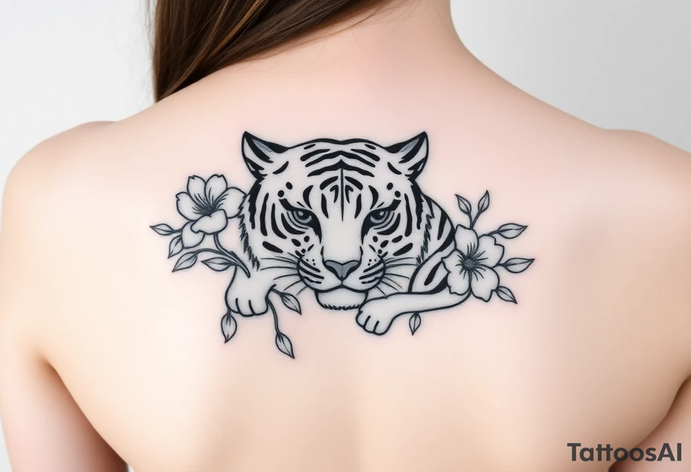 a whole tiger with some flowers around it tattoo idea