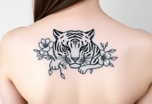 a whole tiger with some flowers around it tattoo idea