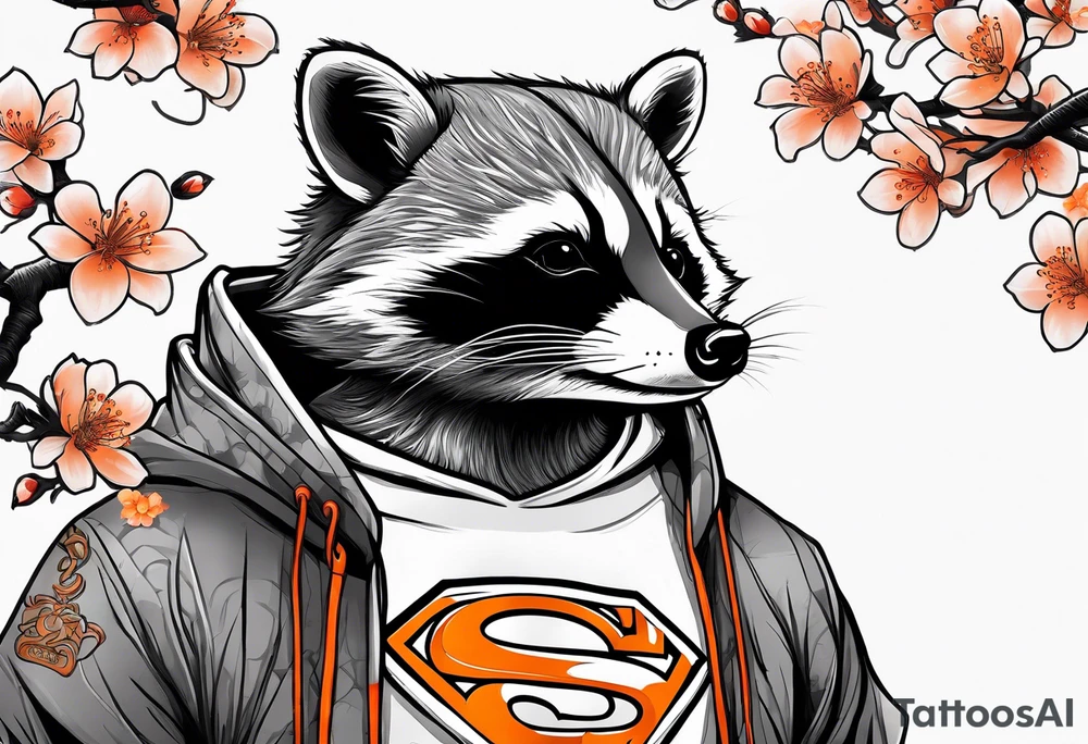 raccoon wearing a black and white Superman hoodie and orange Japanese cherry blossoms tattoo idea