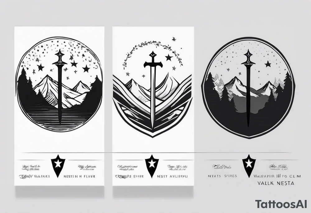 complete upper arm sleeve. Feature three mountain side by side, with 3 stars above them from a court of thorns and roses. crossed swords, integrating with abstract, sword patterns that evoke the Valkyrie spirit like nesta from a court of silver flames. Keep the design in clean, simple lines. tattoo idea