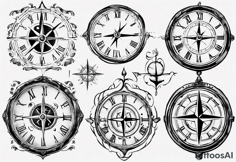 I would like a clock at the top with a Compass, from which 2 Paths schould lead away that Cross you after a time and then Go apart again to finally find themselves again. tattoo idea