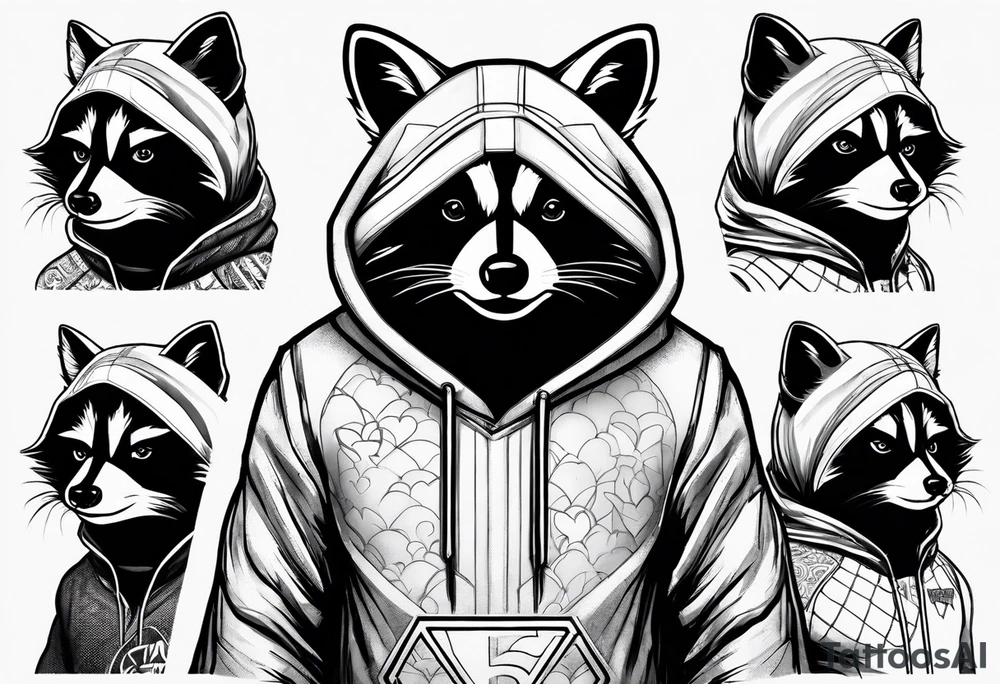 raccoon wearing a Superman hoodie tattoo idea