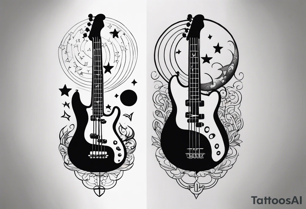 A well balanced tattoo full left arm with the following images:
a bass guitar, 
2 stars, 
1 quarter moon, 
a caduceus symbol and 
a mickey mouse shadow tattoo idea