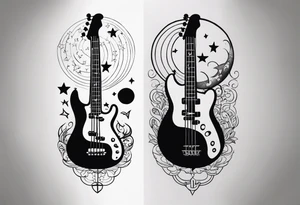 A well balanced tattoo full left arm with the following images:
a bass guitar, 
2 stars, 
1 quarter moon, 
a caduceus symbol and 
a mickey mouse shadow tattoo idea