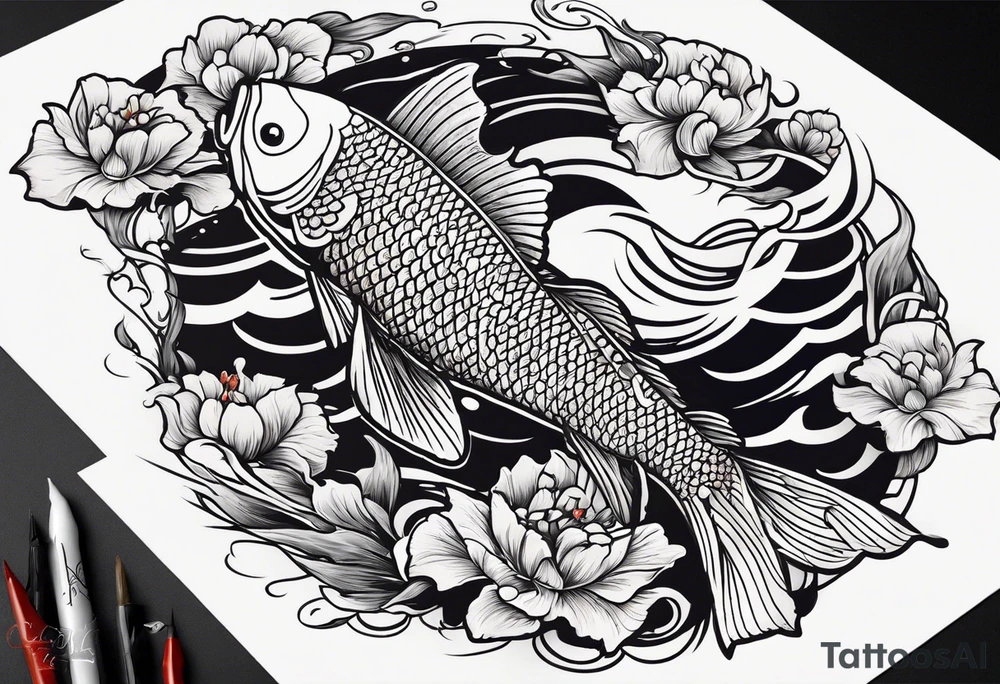 a koi fish surrounded by solid color background design tattoo idea