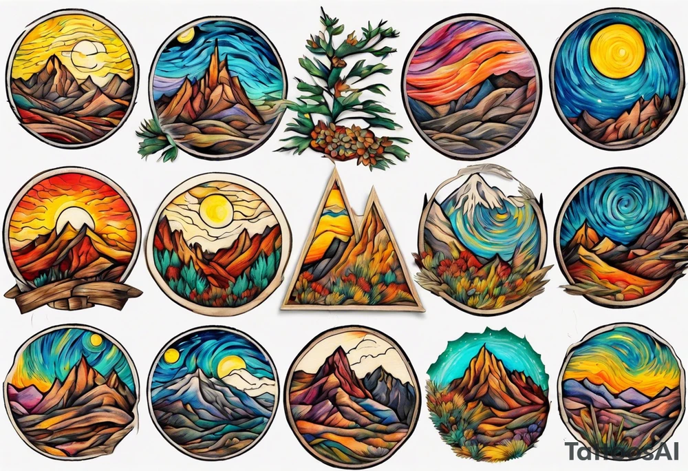 Small tattoo of New Mexico mountains, Van Gogh style, vibrant colors, swirling brushstrokes, detailed peaks, high quality, Van Gogh style, vibrant colors, swirling brushstrokes, detailed, professional, atmospheric lighting tattoo idea
