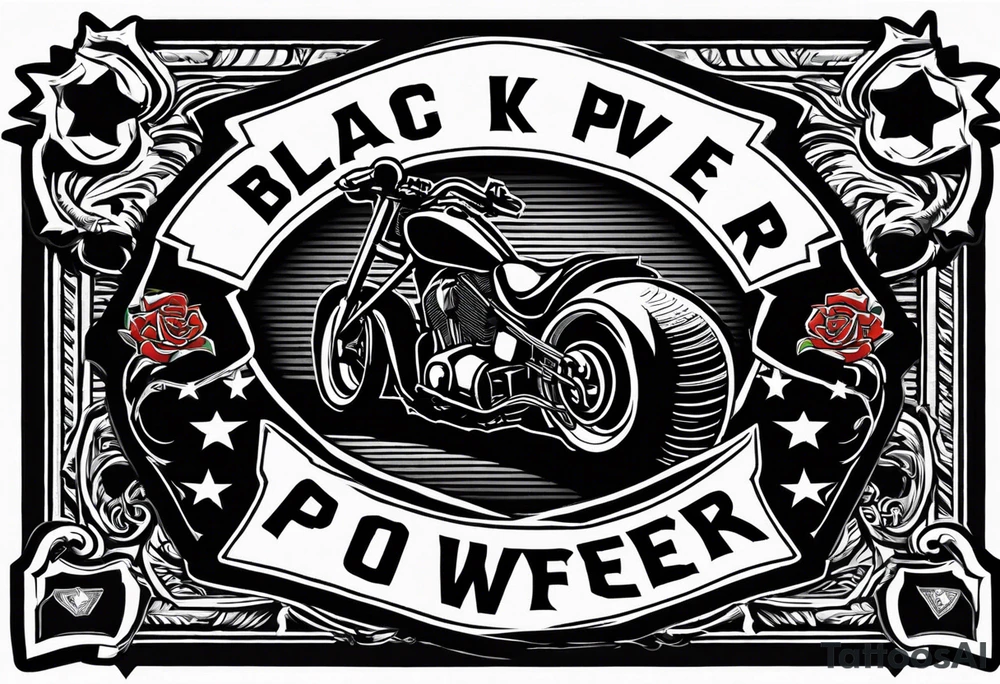 A tattoo of a three-piece motorcycle club patch with a centrepiece a top rocker snd a bottom rocker. 
The centre piece is an image well it’s a drawing of a clenched fist 
The top rocker curves around the top of the centrepiece and has the words “BLACK*POWER” written inside it as specified all in upper case and using the bold condensed benguiat font. The bottom rocker Curves around the bottom of this centrepiece and has the word “WAIKATO” written in it as specified all in uppercase and using the bold condensed benguiat font tattoo idea