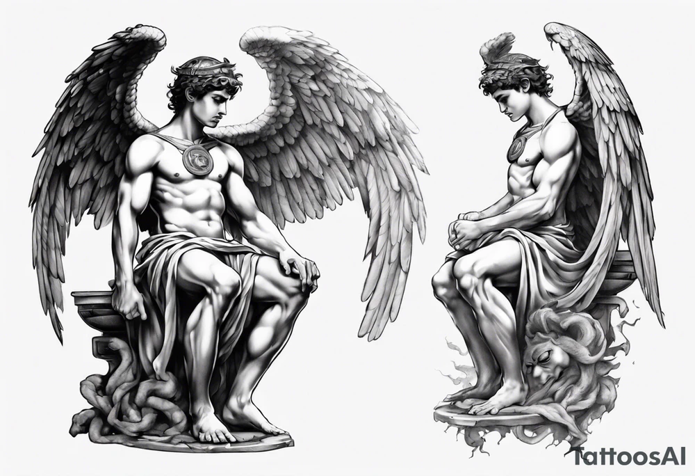 God hermes kneeling with wings wrapped around him tattoo idea
