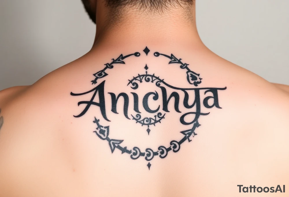 Create a tattoo that writes the Hindi word "Anichya" with A circle or spiral, which represents the cyclical nature of life and death tattoo idea