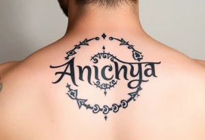 Create a tattoo that writes the Hindi word "Anichya" with A circle or spiral, which represents the cyclical nature of life and death tattoo idea