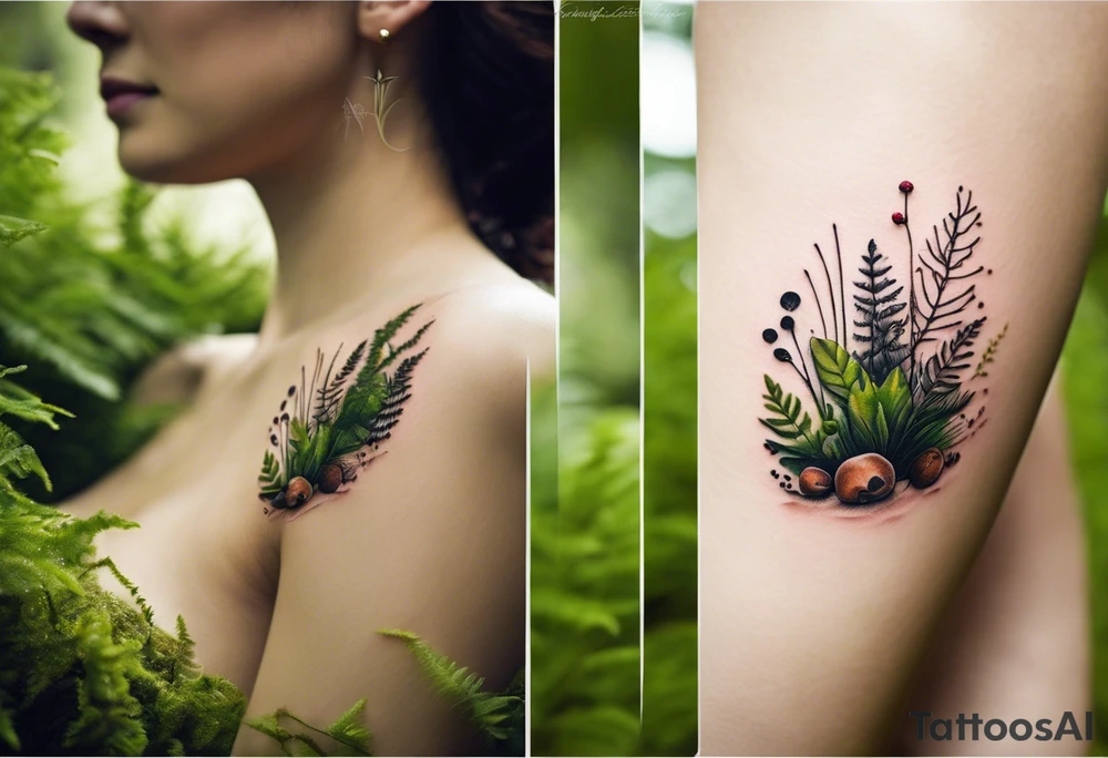 minimalistic forest floor inspired tattoo, which includes grass, moss, curly ferns and dead leaves as the bulk of the tattoo. details to include: forest berries, couple of very small brown mushrooms, a tiny bumblebee flying nearby tattoo idea