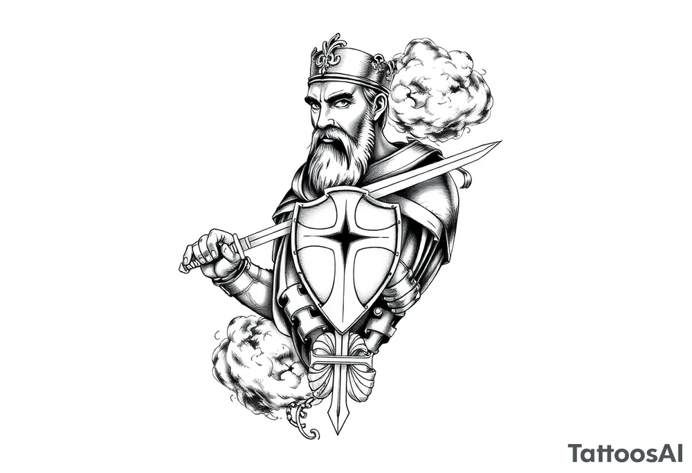 Half sleeve. King Alfred the great, sword, clouds, shield, cross tattoo idea