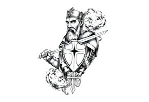 Half sleeve. King Alfred the great, sword, clouds, shield, cross tattoo idea