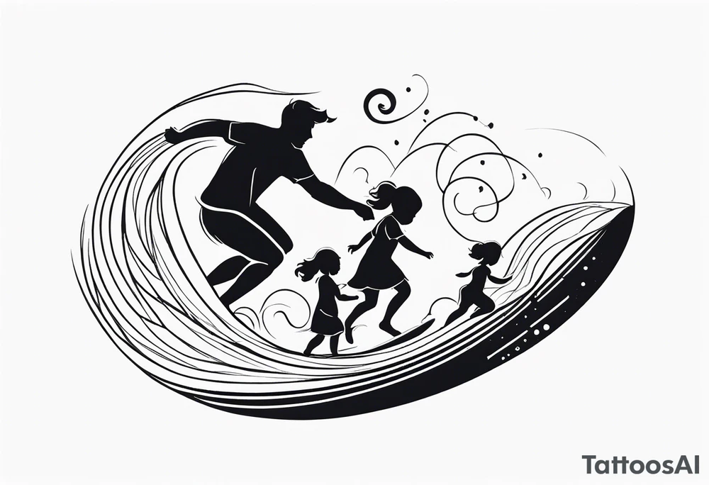 Black and white Line work tattoo depicting a father surfing with his daughters, incorporating musical notes. tattoo idea