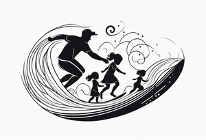 Black and white Line work tattoo depicting a father surfing with his daughters, incorporating musical notes. tattoo idea