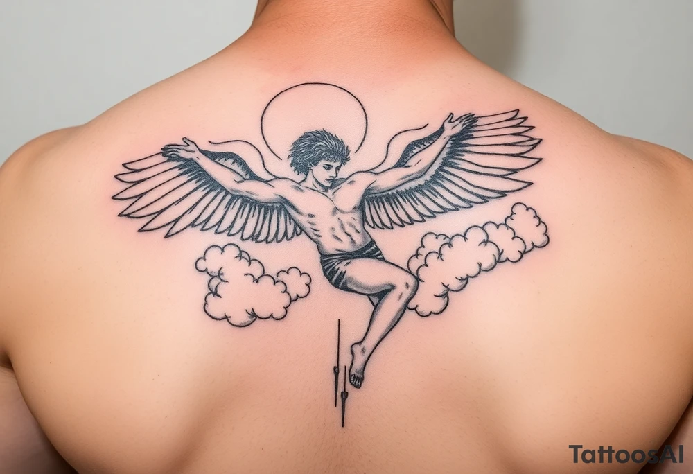 Icarus falling from the sky with clouds around him tattoo idea