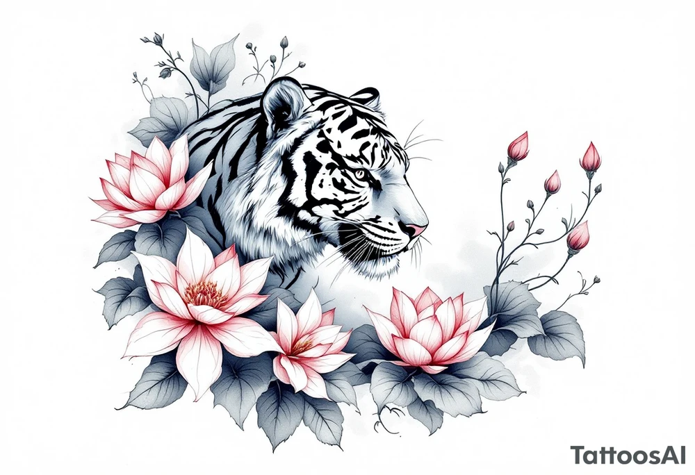 fierce tiger emerging through blooming lotus flowers in mist tattoo idea