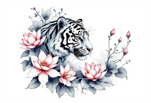 fierce tiger emerging through blooming lotus flowers in mist tattoo idea