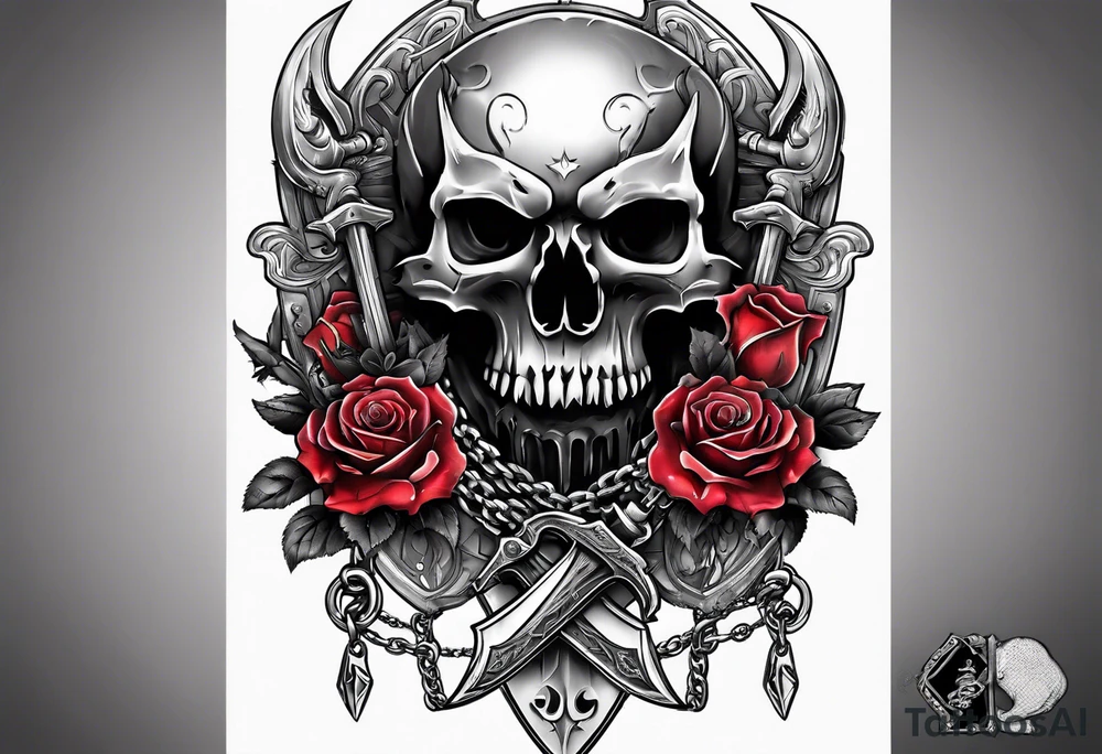 Wolf skull with chains in it's mouth in front of a sword and roses underneath tattoo idea