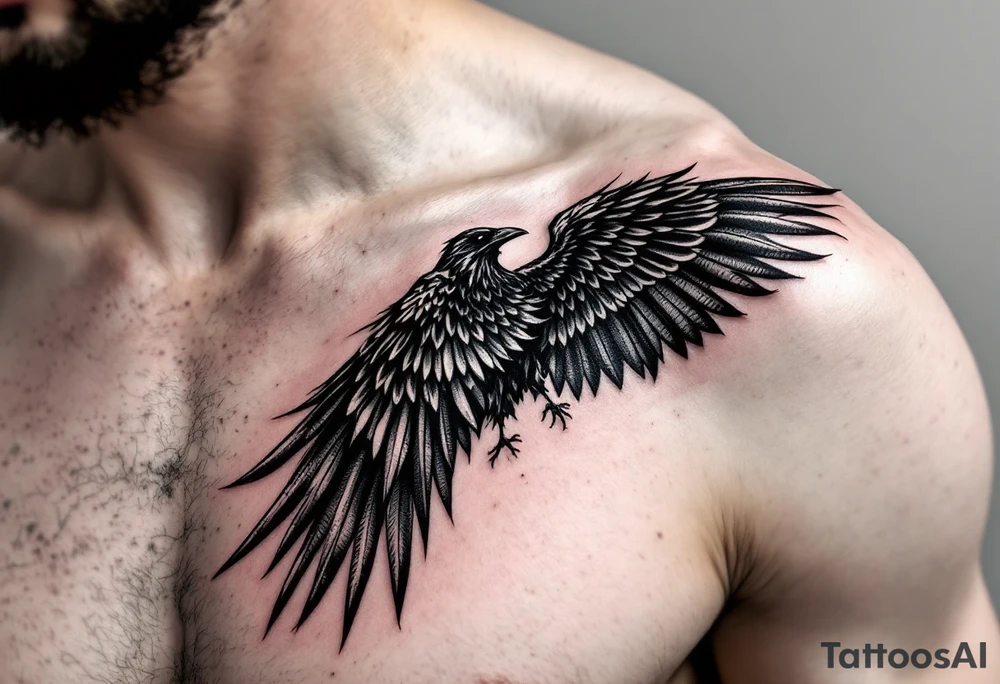 raven on shoulder with wing extended onto chest tattoo idea