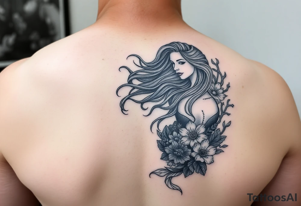 ethereal mermaid with flowing hair among coral and sea flowers tattoo idea