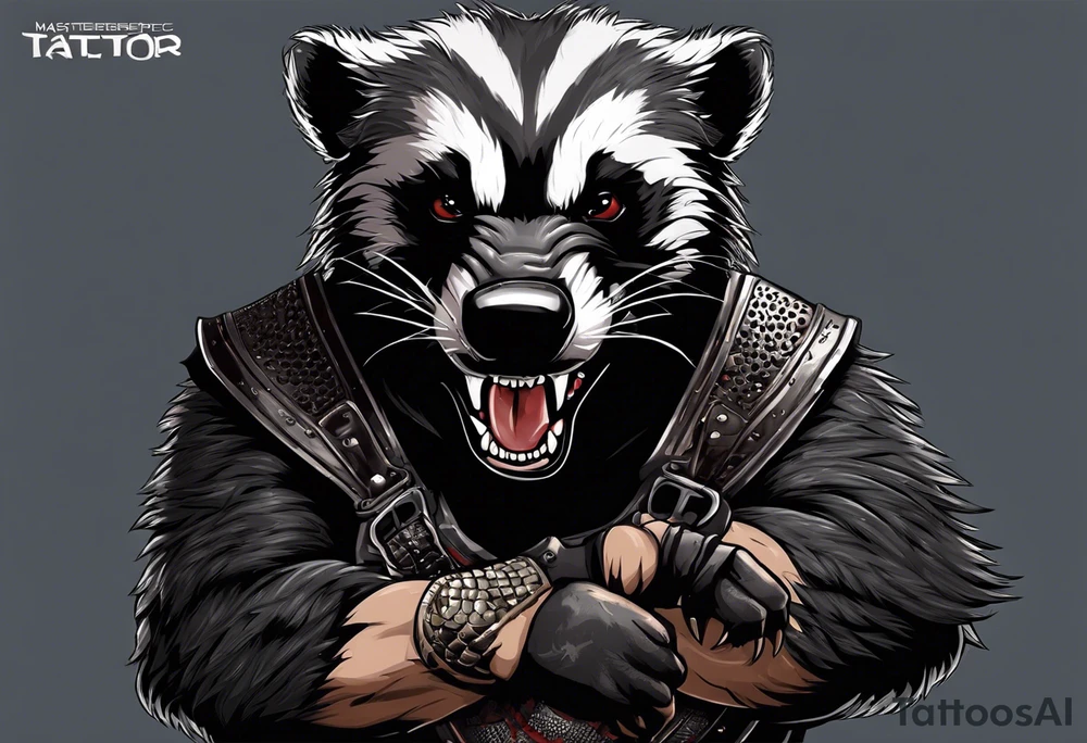 Draw me psychopath Honey Badger/Berserker with aggressive full body, killer face with a scary smile, very long nails and he attacks like a Bloody Assassin/Warrior/Gladiator to us and also, he has very deadly looking. He fights with his nails. Everybody scares after their first sight. Give me horror type Badger Tattoo. I want to see his Realistic full body. tattoo idea