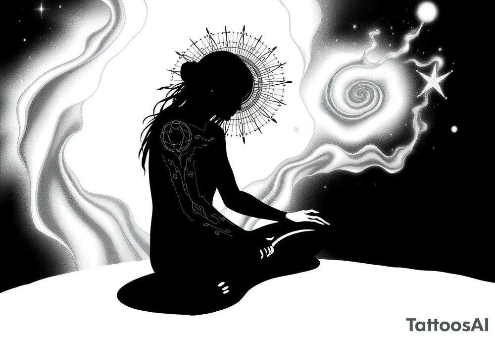 a figure - just a shadow /outline sitting in cross cross position meditating based on the lyrics “doing time in the universal mind” by the doors - with a psychedelic trippy background that correlates to TIME as the meditation expands out from his head into the universe / cosmos . the phrase TURNING KEYS and setting people free needs to be worked in there… flying keys? tattoo idea
