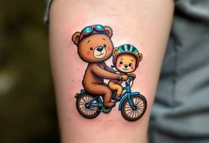 A bear and girly looking cub riding a bike together, drawn in simple round shapes with brown fur and colorful helmets. tattoo idea