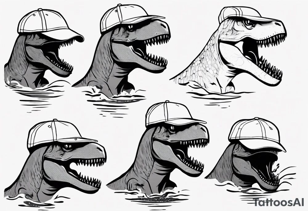 happy t rex in a pool wearing water polo cap tattoo idea