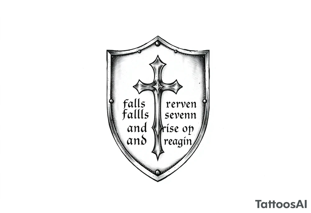 Full upper forearm tattoo design, vertical layout. A detailed medieval shield etched with a sharp Christian cross, sitting flat against a solid stark white background. Woven around the shield, the full bible verse text is clearly written in a bold medieval gothic font: "For the righteous falls seven times and rises again." Below the text is the citation "Proverbs 24:16". High contrast black and grey realism, sharp linework, completely solid white background, strictly no clouds. tattoo idea