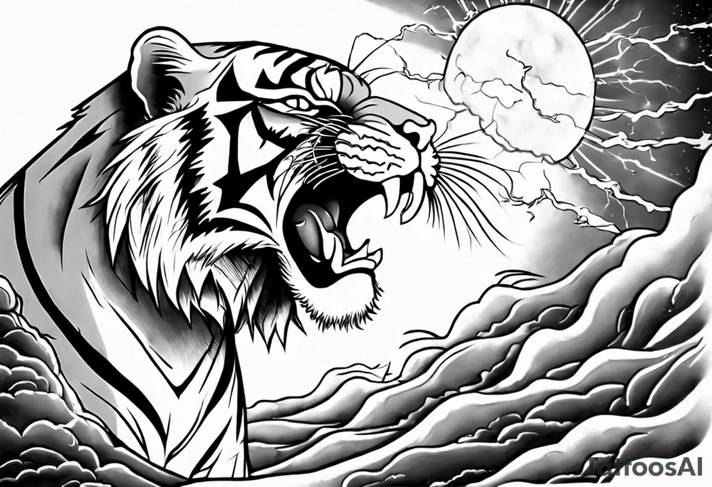 Tiger with lightning and the sun in the background for a sleeve tattoo tattoo idea