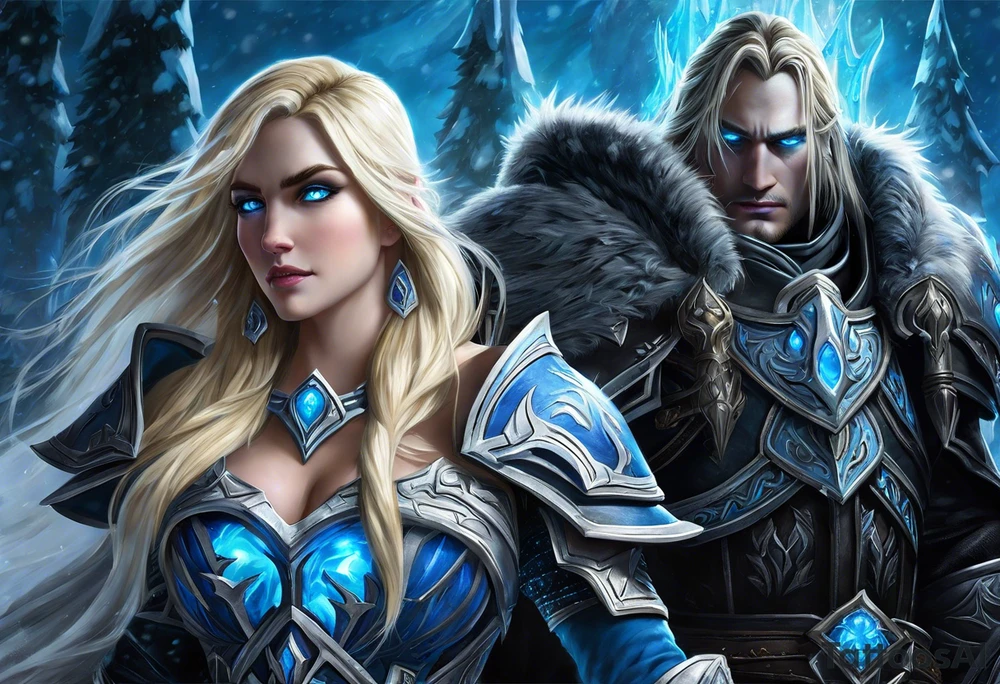 A highly detailed and emotionally charged scene depicting Arthas, the Lich King, and Jaina Proudmoore from World of Warcraft. Arthas stands as a dark, imposing figure in his Lich King armor, with glowing blue eyes and icy, deathly aura. Jaina, a powerful mage with long blonde hair, reaches out to him with a sorrowful expression, symbolizing their tragic past and lost love. The background is filled with cold, swirling mist, icy crystals, and ruins that evoke a sense of despair. The overall color palette features shades of blue, grey, and white, with soft lighting that highlights their faces and conveys the melancholic atmosphere. The style is realistic with a touch of fantasy magic, capturing the dramatic tension and deep emotional connection between these iconic characters. tattoo idea