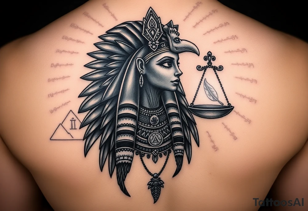 “Super realistic black and grey tattoo of the Egyptian goddess Ma’at, depicted as a regal woman with an ostrich feather headdress, intense glowing eyes, and intricate ancient Egyptian jewelry. She stands or floats amidst swirling cosmic energy and beams of light, with subtle hieroglyphics and pyramids in the background. Incorporate the Scales of Justice—one side holding a heart, the other Ma’at’s feather—glowing with ethereal energy. Emphasize dramatic lighting, deep shadows, and surreal, mystical atmosphere to match a sleeve with Anubis and cosmic motifs. Design should flow with existing sleeve art, using soft transitions and layered textures. tattoo idea