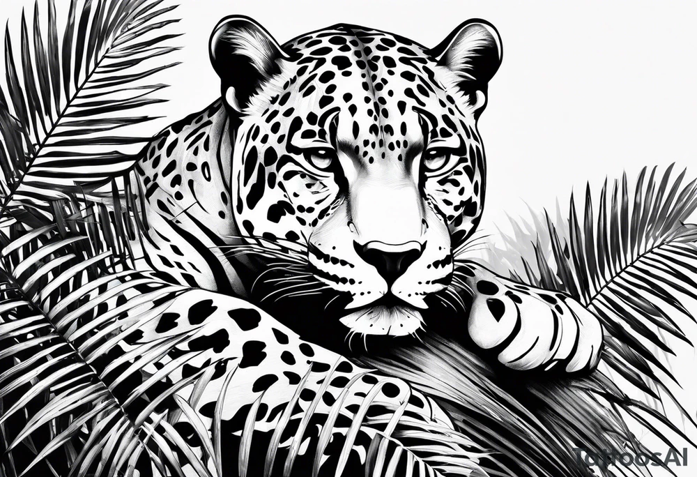 jaguar laying on palm tree tattoo idea
